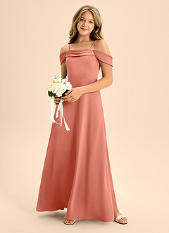 Azazie Anselie Junior Salmon Pink A-Line Off the Shoulder Stretch Satin Dress image1
