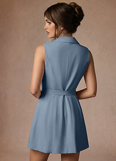 front Alina Dusty Blue Refined Weave Pleated Wrap Blazer Dress