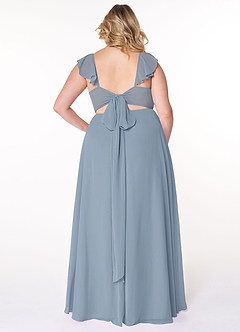 Azazie Everett Robes de demoiselle d'honneur Robe Trapèze en Mousseline de soie Col V froncé Bleu Poussiéreux image7