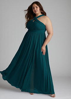 Azazie Hillian Vestidos de damas de honor Vestido de Pino de Malla de Corte en A con Halter Plisado image11