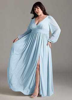 Azazie Norah Bridesmaid Dresses Sky Blue A-Line V-Neck Long Sleeve Chiffon Dress image10