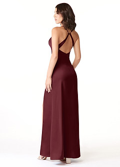 Azazie Geanna Vestidos de damas de honor Vestido de Cabernet de Satén Elástico de Corte Recto con Cuello en V Plisado image4
