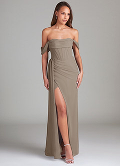 Azazie Amyra Bridesmaid Dresses Taupe Sheath Off the Shoulder Chiffon Convertible Dress image4