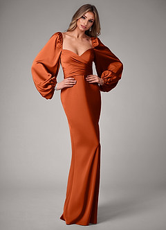 Azazie Sonata Bridesmaid Dresses Paprika Sheath Long Sleeve Stretch Satin Convertible Dress image5