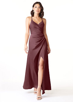 Azazie Geanna Final Sale Sangria Sheath V-Neck Pleated Stretch Satin Dress image1