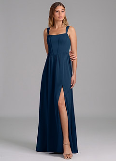 Azazie Rosaline At-home Try On Dresses Dark Navy A-Line Side Slit Stretch Satin Dress image4