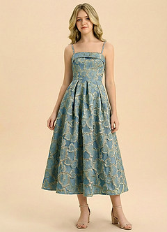 Azazie Florentine Junior Formal Vestido de Pizarra Descolorida Floral de Tafetán Jacquard de Corte en A con Plisado image1