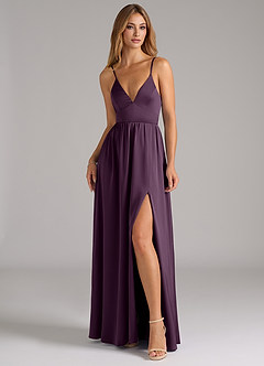 Azazie Aaida Bridesmaid Dresses Plum A-Line Corset Stretch Satin Dress image4