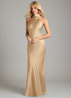Azazie Velli Vestidos de damas de honor Vestido de Champán de Satén Elástico de Corte Sirena con Cuello Alto image1