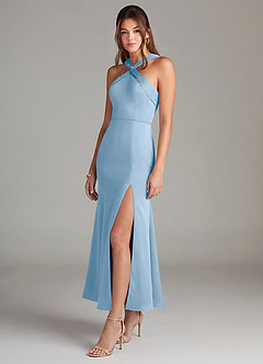 Azazie Rue Bridesmaid Dresses Powder Blue Mermaid Pleated Stretch Satin Dress image4