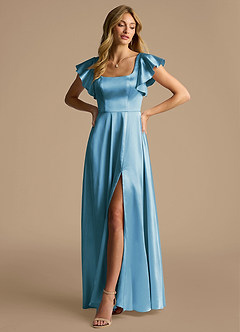 Azazie Bondi Bridesmaid Dresses Steel Blue A-Line Bow Metallic Satin Dress image4