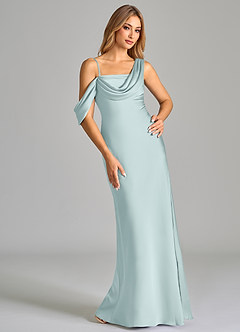 Azazie Celina Bridesmaid Dresses Mist Sheath Off the Shoulder Stretch Satin Dress image1