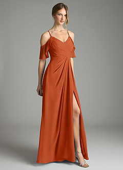Azazie Dakota Bridesmaid Dresses Burnt Orange A-Line V-Neck Pleated Chiffon Dress image5
