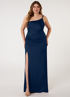 Azazie Eren Bridesmaid Dresses Dark Navy Mermaid One Shoulder Stretch Satin Dress image6