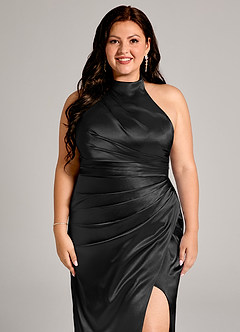 Azazie Jemma Vestidos de damas de honor Vestido de Negro de Satén Metálico de Corte Recto con Plisado image12