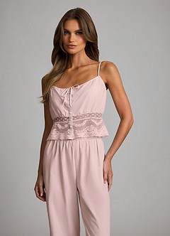 front Lyocell-Cotton Lace-Waist Cami & Long Pants Pajama Set