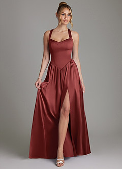 Azazie Francis Robes de demoiselle d'honneur Robe Trapèze en Satin extensible Corset Terracotta image3