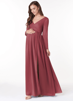 Azazie Teton Brautjungfernkleider für Schwangere A-Linie Langarm Chiffon Bodenlänge Kleid image3