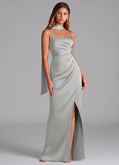 Azazie Calandra Jurken voor bruidsmeisjes Jurk van Stretch Satijn met A-Lijn Geplooid Zilver image2