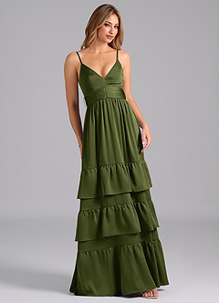 Azazie Nathalia Bridesmaid Dresses Olive A-Line Pleated Stretch Satin Dress image1