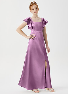 Azazie Bondi Junior Wisteria A-Line Side Slit Metallic Satin Dress image3
