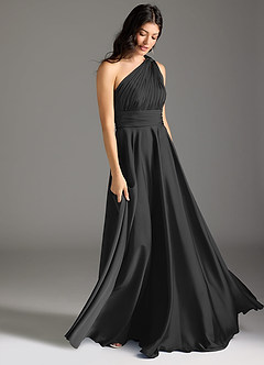 Azazie Charlize Bridesmaid Dresses Black A-Line One Shoulder Stretch Satin Dress image3
