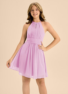 Azazie Bonnie Junior Candy Pink A-Line Pleated Chiffon Dress image5