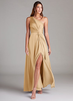 Azazie Brooke Jurken voor bruidsmeisjes Jurk van Stretch Satijn met A-Lijn One-Shoulder Goud image3