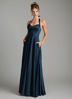 Azazie Tenaya Bridesmaid Dresses Dark Navy A-Line Sweetheart Neckline Stretch Satin Dress image1