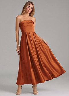 Azazie Lucienne Robes de demoiselle d'honneur Robe Trapèze en Satin extensible Plissée Cannelle image7