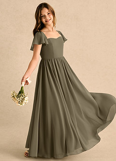 Azazie Patsy Girls Formal Robe Demoiselle D'honneur Fillette Robe Trapèze en Mousseline de soie Décolleté en cœur Vert Saule image3