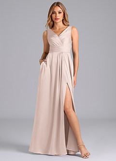 Azazie Karina Bridesmaid Dresses Blushing Pink A-Line Pleated Stretch Satin Dress image1