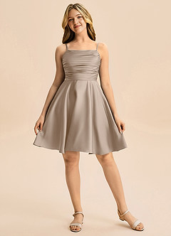 Azazie Miko Junior Taupe A-Line Pleated Stretch Satin Dress image5