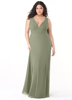 Azazie Christiana At-home Try On Dresses Dusty Blue A-Line V-Neck Pleated Chiffon Dress image9