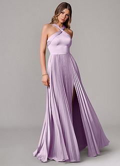 Azazie Afra Bridesmaid Dresses Frosted Lilac A-Line Pleated Stretch Satin Dress image1