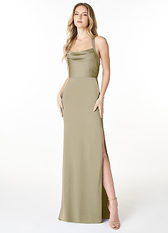 Azazie Myla Vestidos de damas de honor Vestido de Musgo Verde de Satén Elástico de Corte Recto con Ojo de cerradura de capucha image1