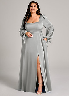 Azazie Leonia 신부 들러리 드레스 A라인 긴팔 스트레치 새틴 바닥 길이 드레스 image8