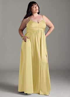 Azazie Alia Bridesmaid Dresses Lemon Sorbet A-Line Pleated Stretch Satin Dress image11