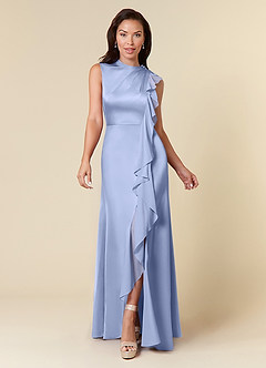 Azazie Narine Mother of the Bride Dresses Ice A-Line High Neckline Pleated Stretch Satin Dress image3
