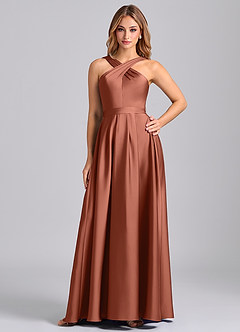 Azazie Dixie 신부 들러리 드레스 A라인 주름진 스트레치 새틴 바닥 길이 드레스 image1