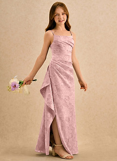 Azazie Cannoli Girls Formal Robe Demoiselle D'honneur Fillette Robe Trapèze en Blumen-Burnout Plissé Rose Poudré image1