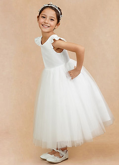 Azazie Hemi Flower Girl Dresses Ivory Fuchsia A-Line Bow Tulle Dress image7