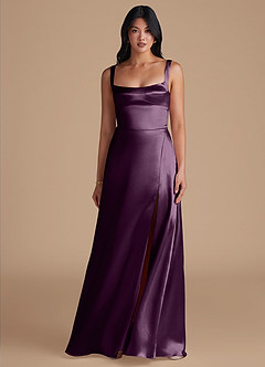 Azazie Hope Bridesmaid Dresses Plum A-Line with Pockets Metallic Satin Dress image2