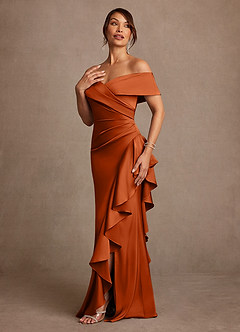 Azazie Kirsty Mother of the Bride Dresses Burnt Orange Sheath Off the Shoulder Stretch Satin Dress image3