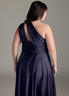 Azazie Charlize Robes de demoiselle d'honneur Robe Trapèze en Satin extensible Ue épaule Bleu Orageux image16