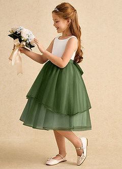 Azazie Rene Blumenmädchenkleider A-Linie Schleifen Tüll Kleid Elfenbein Olivgrün image5