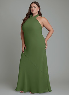 Azazie Velli Robes de demoiselle d'honneur Robe Sirène en Mousseline de soie Col haut Olive image12