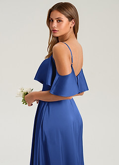 Azazie Jean Bridesmaid Dresses Royal Blue A-Line Off the Shoulder Stretch Satin Dress image7