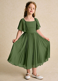 Azazie Gisele Robe Demoiselle D'honneur Fillette Robe Trapèze en Mousseline de soie Plissée Olive image5