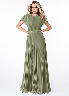 Azazie Kara Robes de demoiselle d'honneur modestes Robe Trapèze Plissée Longueur ras du sol Mousseline de soie image1